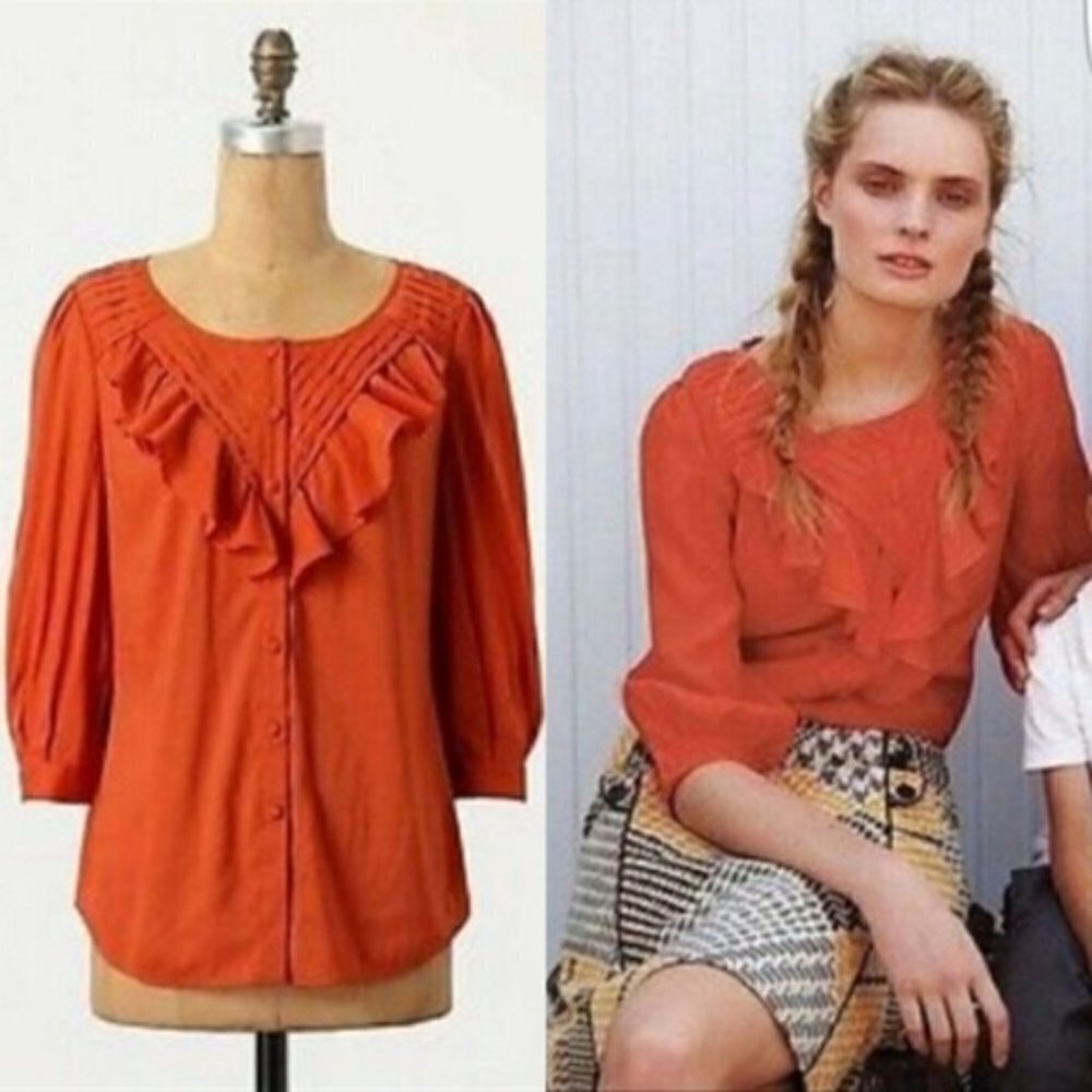 MAEVE Anthropologie Nicoleta Orange Rust Ruffle Pintuck Blouse Top Women's Sz 6